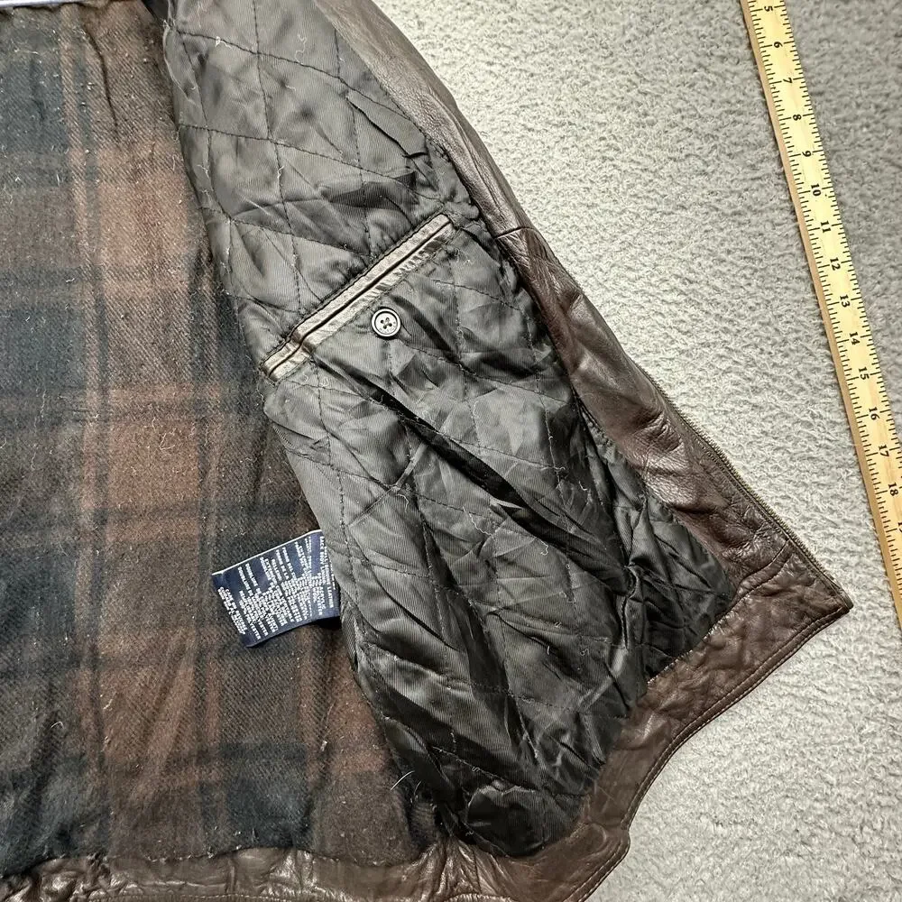 Tommy Hilfiger Genuine Leather Bomber Jacket Mens XL Flannel Plaid Lined Brown